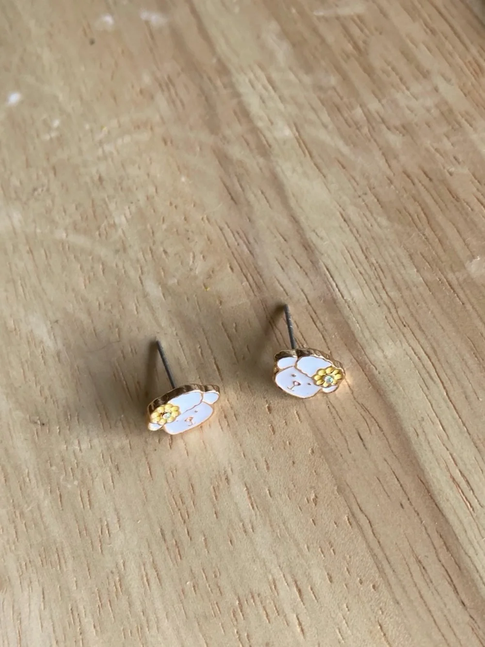 Vintage White Bear Face Stud Earrings with Gold Trim and Yellow Flower